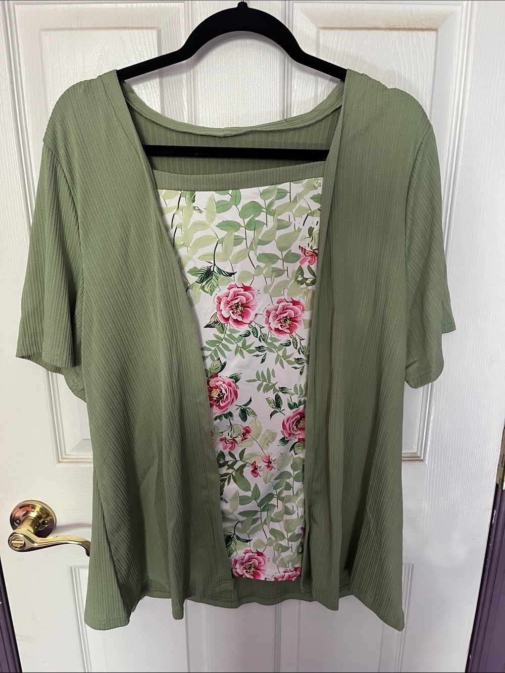 Olive Green Layered Floral-Back Cardigan